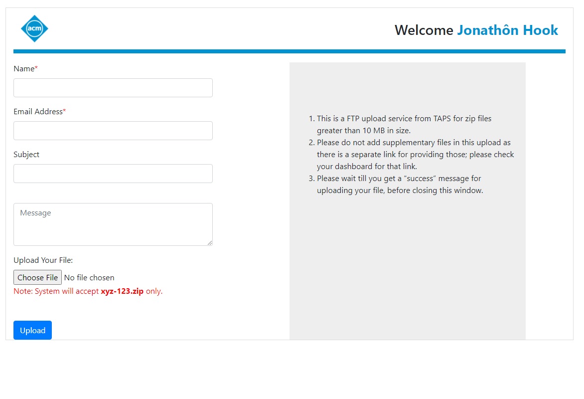 screen shot of the file upload option for files greator than 10 MB in TAPS